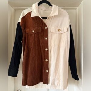 Timing Colorblock Corduroy Button-Front Shirt in Brown/Cream/Black